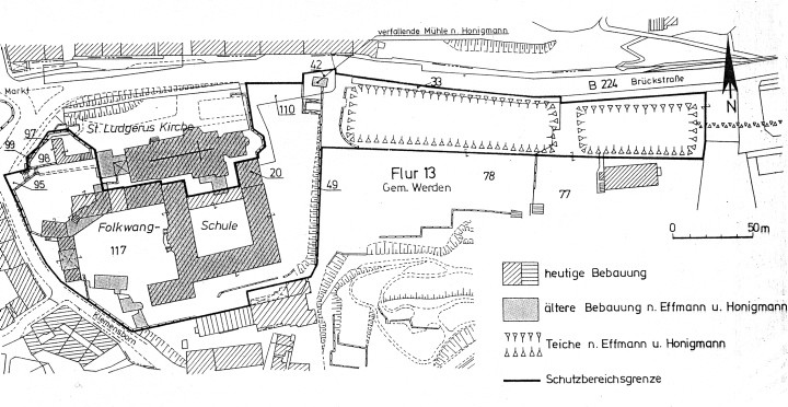 Planskizze zur Lage der ehemaligen und heutigen Bebauung der ehemaligen Abtei Werden in Essen (2010).