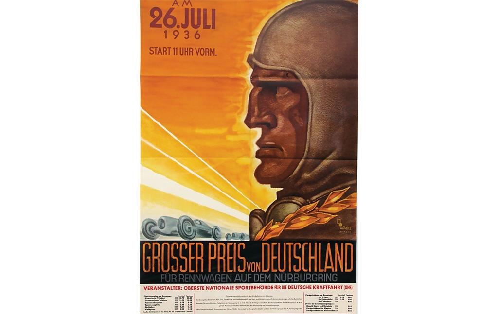 Historisches Werbeplakat für das Autorennen "Großer Preis von Deutschland" auf dem Nürburgring am 26. Juli 1936. Der gezeichnete Rennfahrer auf der rechten Plakatseite wird NS-typisch in "herrisch-heldenhafter" Pose dargestellt.