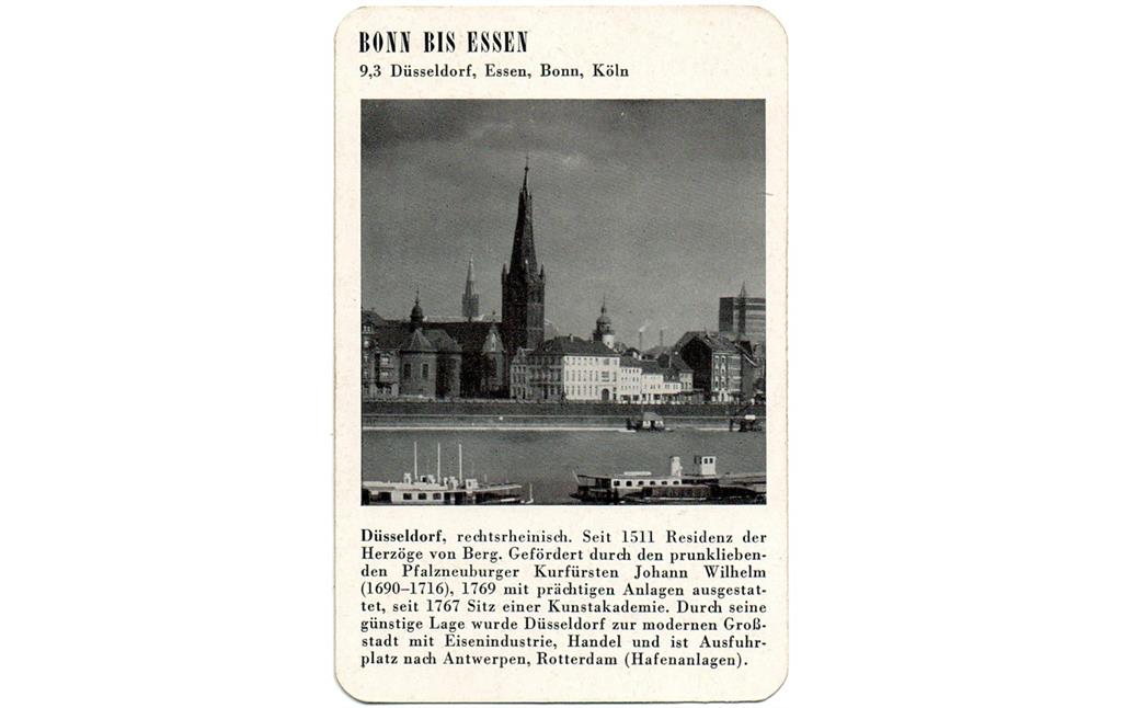 Spielkarte "Düsseldorf" mit einer Ansicht über den Rhein auf die Stadt (aus dem Quartettspiel "Der Rhein", Ravensburger Spiele Nr. 305, Otto Maier Verlag 1952).