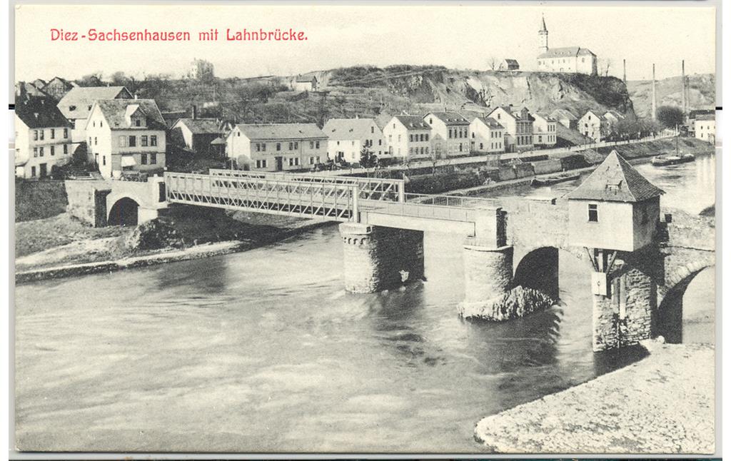 Historische Postkarte mit Blick auf die Alte Lahnbrücke in Diez (gelaufen um 1910)