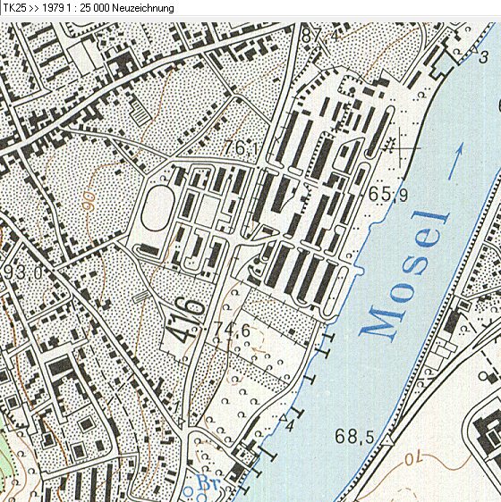 Ausschnitt aus der Topographischen Karte 1:25.000 aus dem Jahr 1979 im Bereich des heutigen Campus Koblenz der Universität.