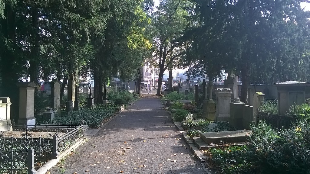 Hauptfriedhofsweg in Richtung Osttor, sowie Gräber und Grabmale auf dem Alten Friedhof in Bonn-Nordstadt (2014).