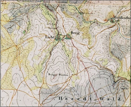 Kartenausschnitt aus der Karte Preußische Uraufnahme mit den Orten "Berg" und "Licht" (1843-1878)