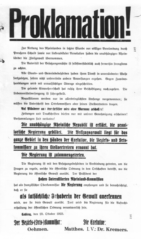 Proklamation der Rheinischen Republik, Plakat-Aushang, Koblenz 25. Oktober 1923 (Landeshauptarchiv Koblenz Bestand 442, Nr. 8297, Bl. 387)