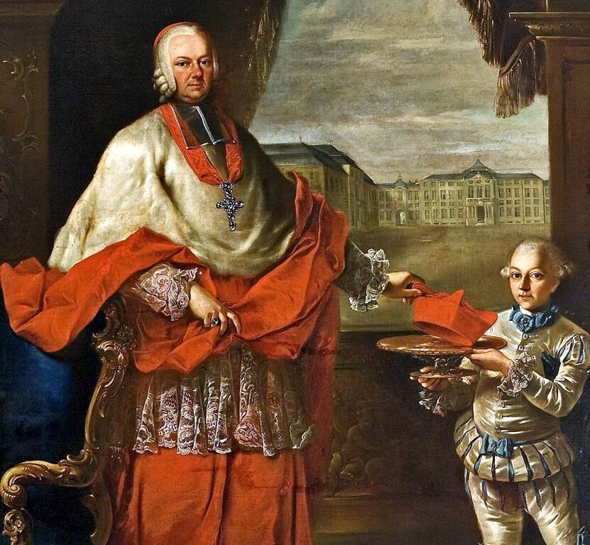 Der Speyerer Fürstbischof Franz Christoph von Hutten vor Schloss Bruchsal (um 1765)