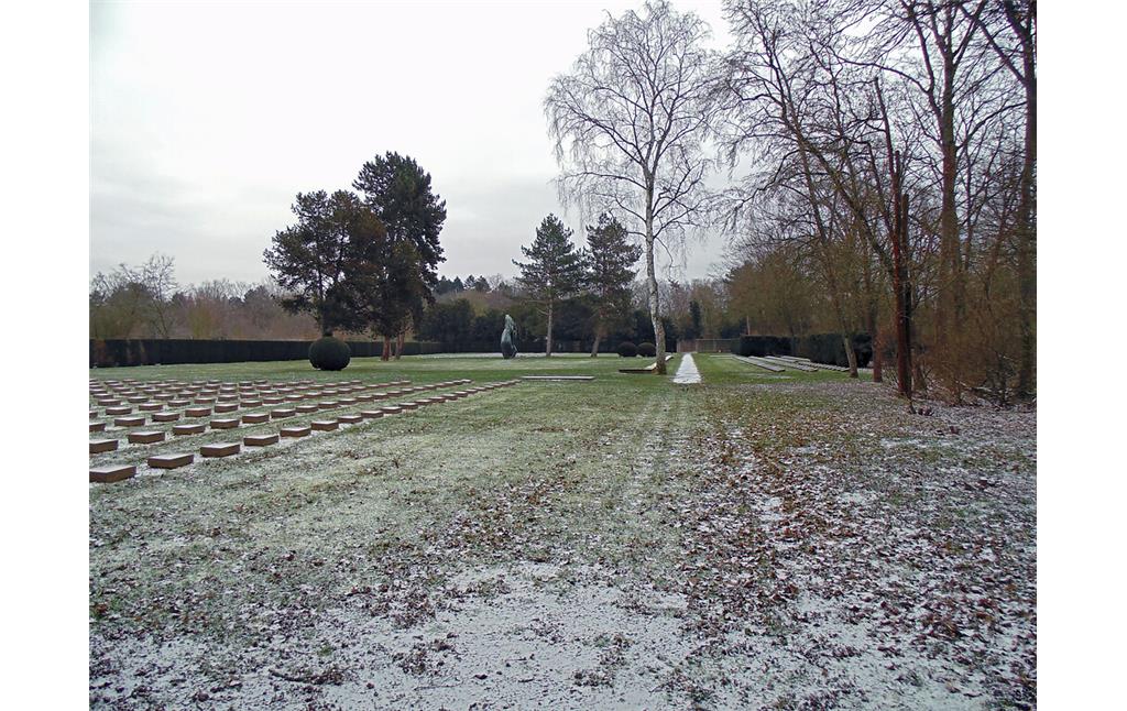 Blick von Westen aus über das gesamte Gräberfeld für deutsche und ausländische Opfer des Nationalsozialismus auf dem Westfriedhof in Köln-Vogelsang (2021). Links im Bild die sowjetischen und polnischen Gräber, im Blickfeld rechts weiter hinten die Gräber der Euthanasieopfer.