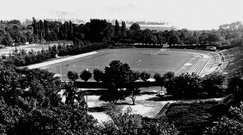 Blick auf die zentrale Spielfläche des Sportparks Gronau in Bonn - das Gronaustadion im Jahr seines Abrisses 1989.