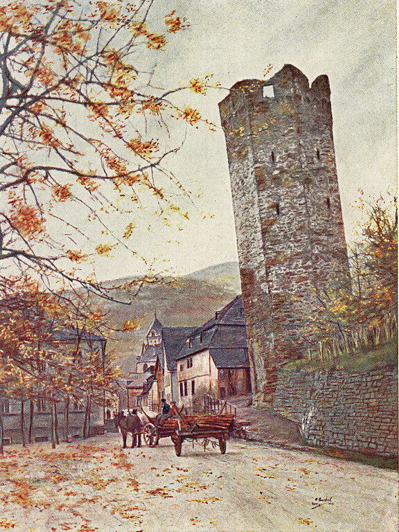 Der Schiefe Turm von Dausenau nach einer kolorierten Zeichnung von J. C. Grötsch (1907)