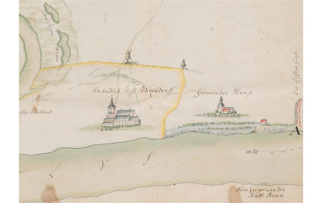 Kartenausschnitt aus der gezeichneten farbigen Altkarte (1747/1751) des Bereiches der Siegmündung. Abgebildet sind u.a. Ansichten des Stifts (Schwarz-)Rheindorf und Haus Gymnich (Wolfsburg).