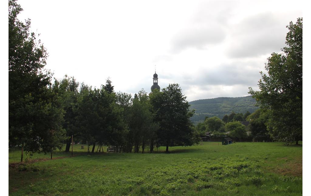 Das Kloster Springiersbach in der umgebenden Landschaft mit Blick auf den Turm der Klosterkirche (2015).