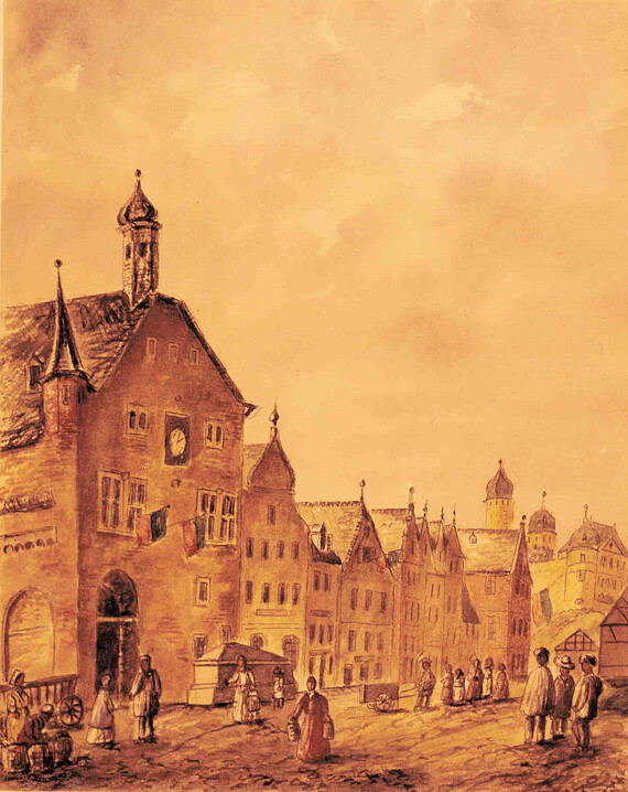 Die Aquarellzeichnung von August de Peallaert (1793-1876) aus dem Jahre 1862 mit dem Fachwerkhaus Kleiner Markt 13 ganz rechts (1862)