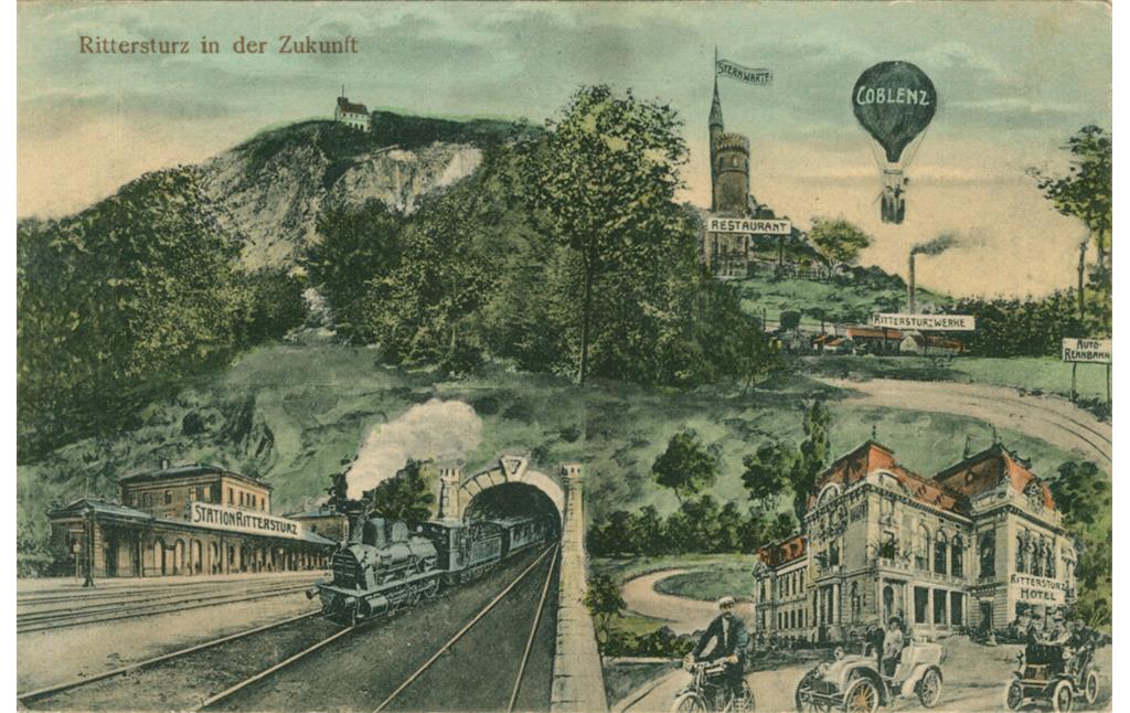 Historische humoristische Postkarte zum Aussichtspunkt Rittersturz bei Koblenz (um 1900)