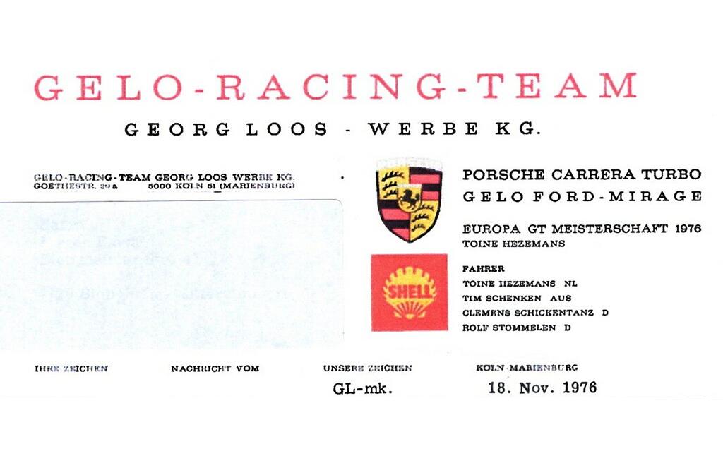 Briefkopf von 1976 des "GELO-RACING-TEAM - Georg Loos - Werbe KG" von Georg Loos (1943-2016) mit Sitz in Köln-Marienburg.