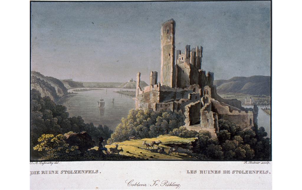 Historische Postkarte mit der Ruine von Burg Stolzenfels bei Koblenz (R. Bodmer, altkolorierter Aquatinta-Stich nach einer Vorlage von J. A. Lasinsky, um 1830)