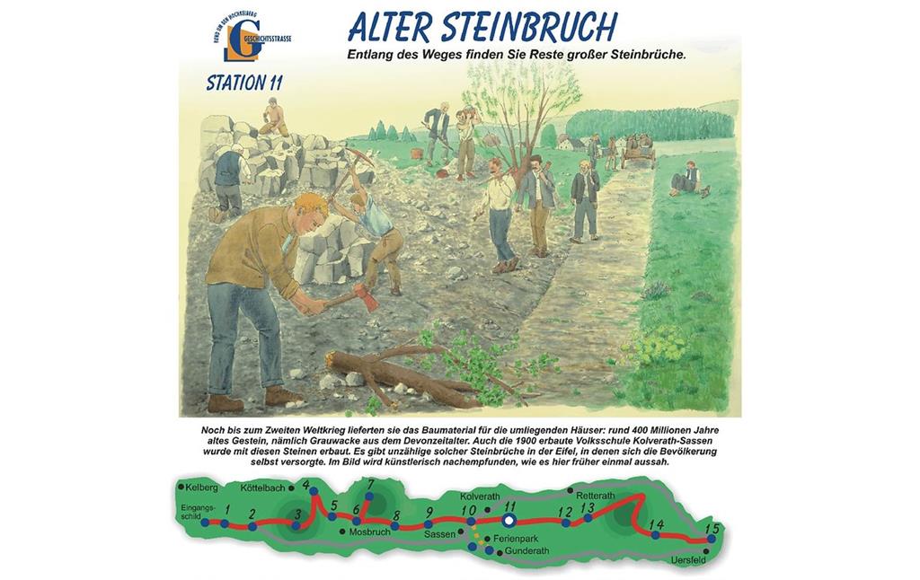 Informationstafel, Erster Abschnitt der Geschichtsstraße: Station 11 Alter Steinbruch.