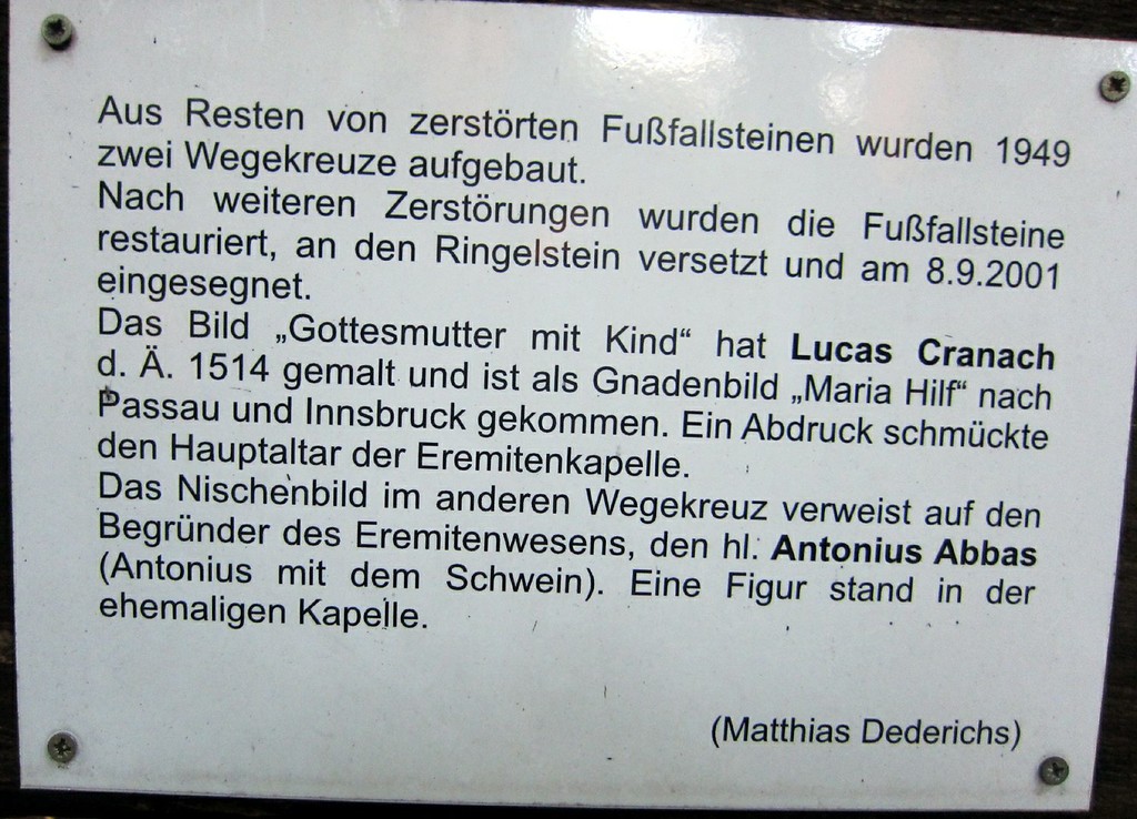 Einsiedelei / Eremitage auf dem Ravensberg, Hinweistafel mit Text von Matthias Dederichs (2011).