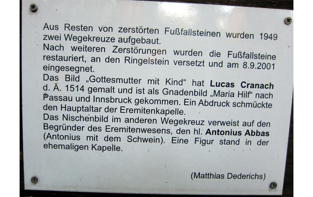 Einsiedelei / Eremitage auf dem Ravensberg, Hinweistafel mit Text von Matthias Dederichs (2011).