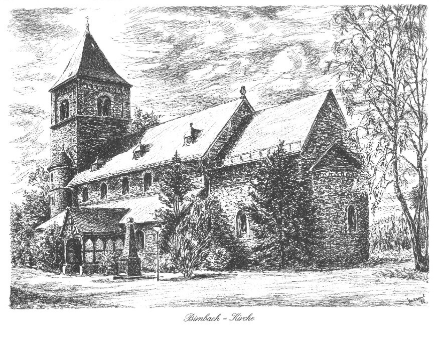Zeichnung der evangelischen Kirche in Birnbach (1970er Jahre)