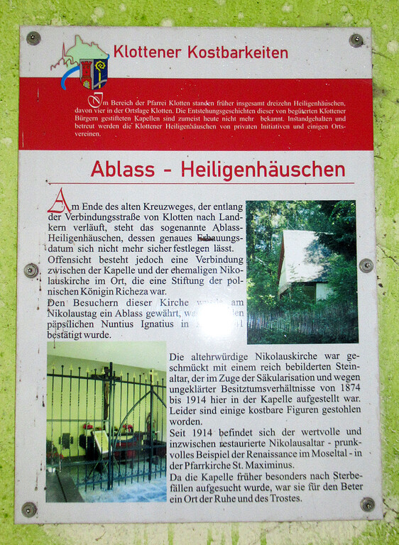 Infotafel "Klottener Kostbarkeiten  Ablass-Heiligenhäuschen" (2023)