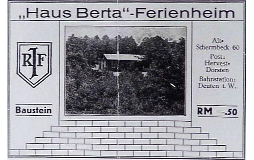 Spenden-Baustein über 50 Reichspfennig für das 1934 eingeweihte und 1937 geschlossene jüdische Ferienheim "Haus Berta" des Reichsbunds jüdischer Frontsoldaten bei Schermbeck.