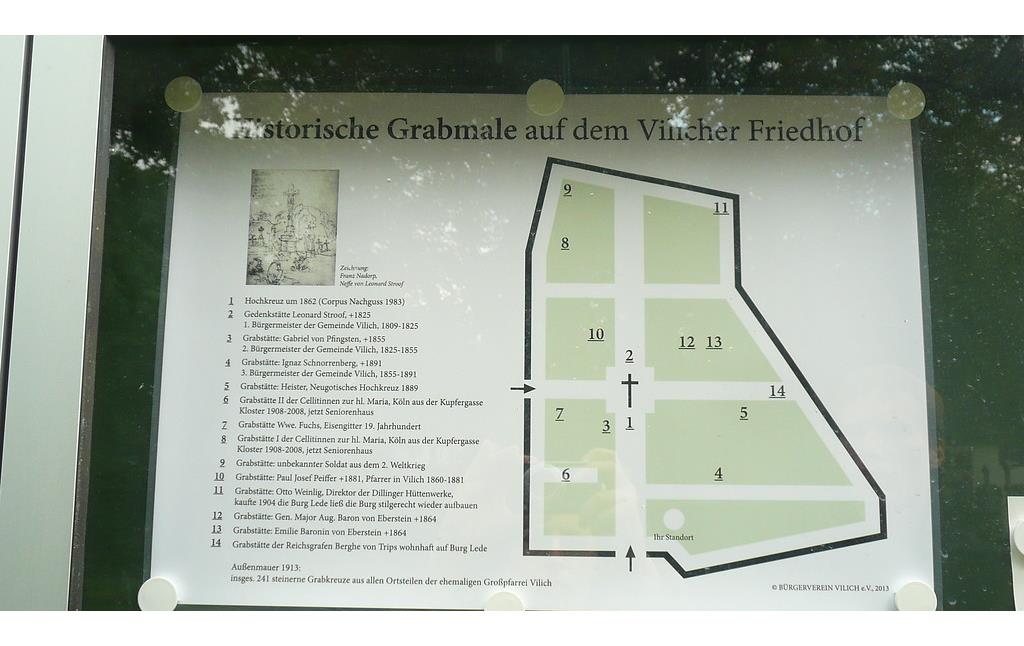 Lageplan historischer Grabmale auf dem Friedhof in Bonn-Vilich (2014).