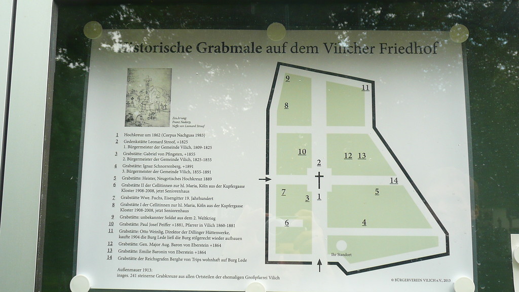 Lageplan historischer Grabmale auf dem Friedhof in Bonn-Vilich (2014).