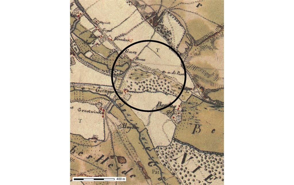 Ausschnitt der Tranchot Karte (Kartenaufnahme der Rheinlande 1:25.000; Tranchot/von Müffling, 1801-1828, Blatt 22 Sevelen) mit zahlreichen Baumsignaturen im Umfeld des heutigen Feldgehölzes in Issum
