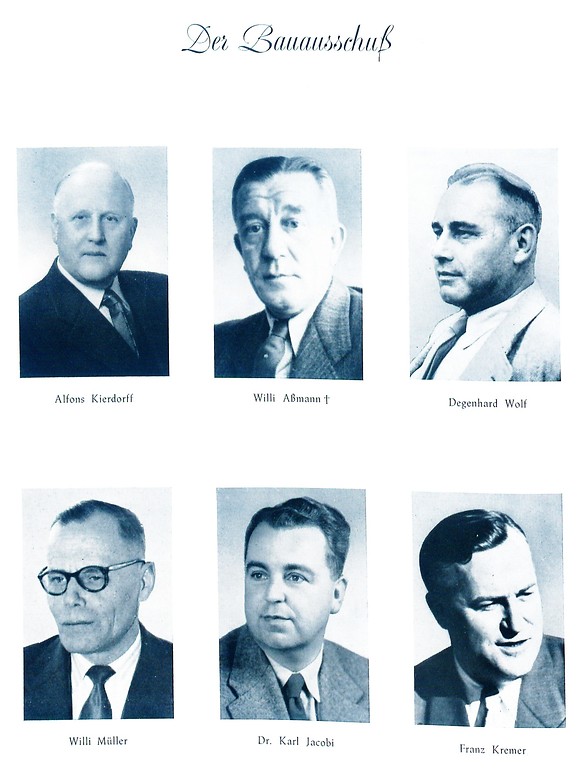 Bildmontage von 1955 mit den Mitgliedern des Bauausschusses der Sportschule Hennef: Alfons Kierdorff, Willi Aßmann, Degenhard Wolf, Willi Müller, Dr. Karl Jacobi und Franz Kremer.