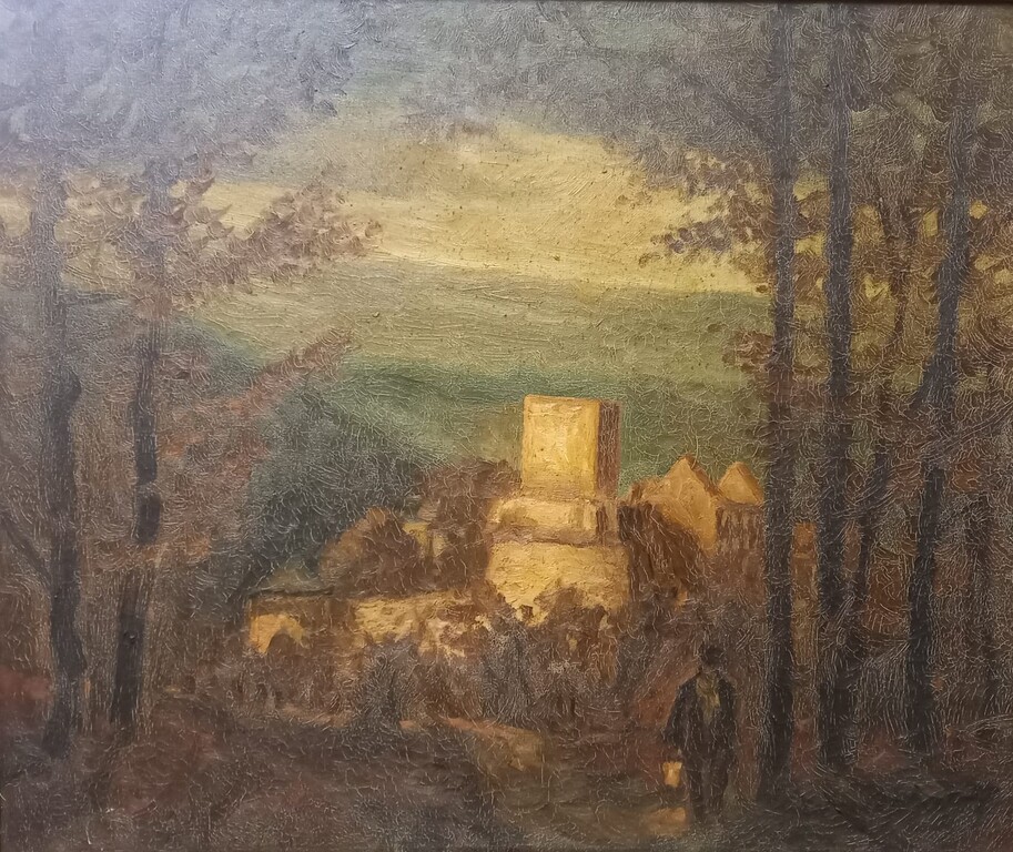 Ölgemälde eines unbekannten Künstlers der Burgruine Lichtenberg bei Kusel im Abendlicht (spätes 19./ frühes 20. Jahrhundert)