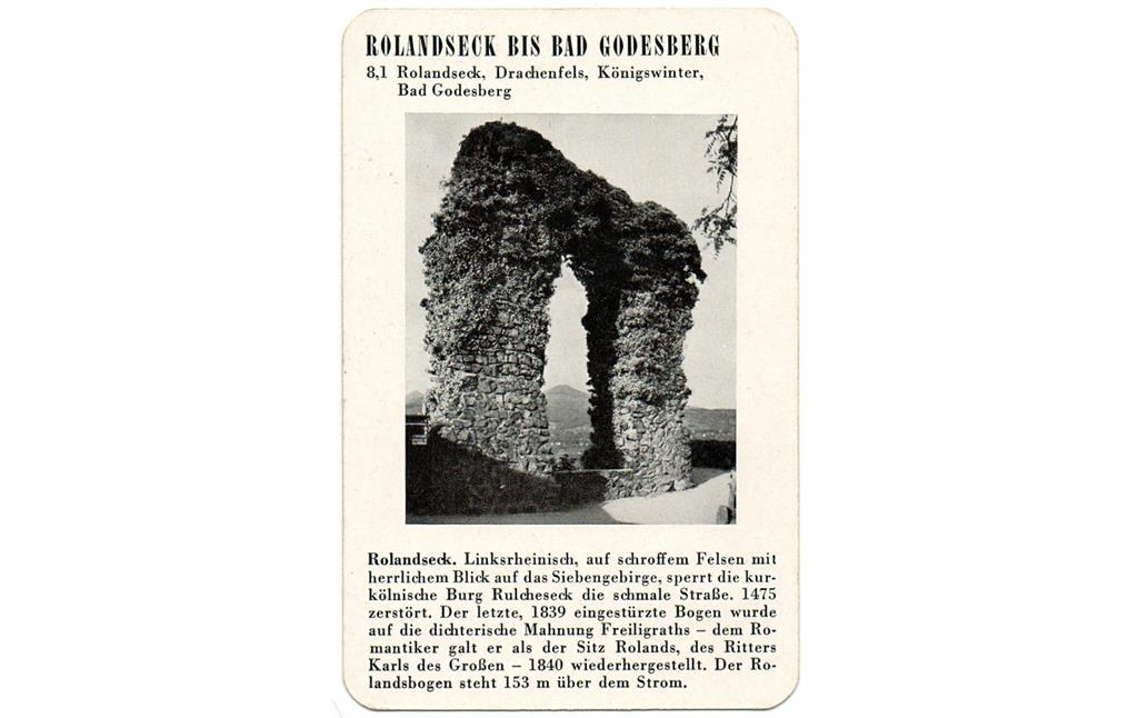 Spielkarte "Rolandseck" mit einer Ansicht des Rolandsbogens (aus dem Quartettspiel "Der Rhein", Ravensburger Spiele Nr. 305, Otto Maier Verlag 1952).