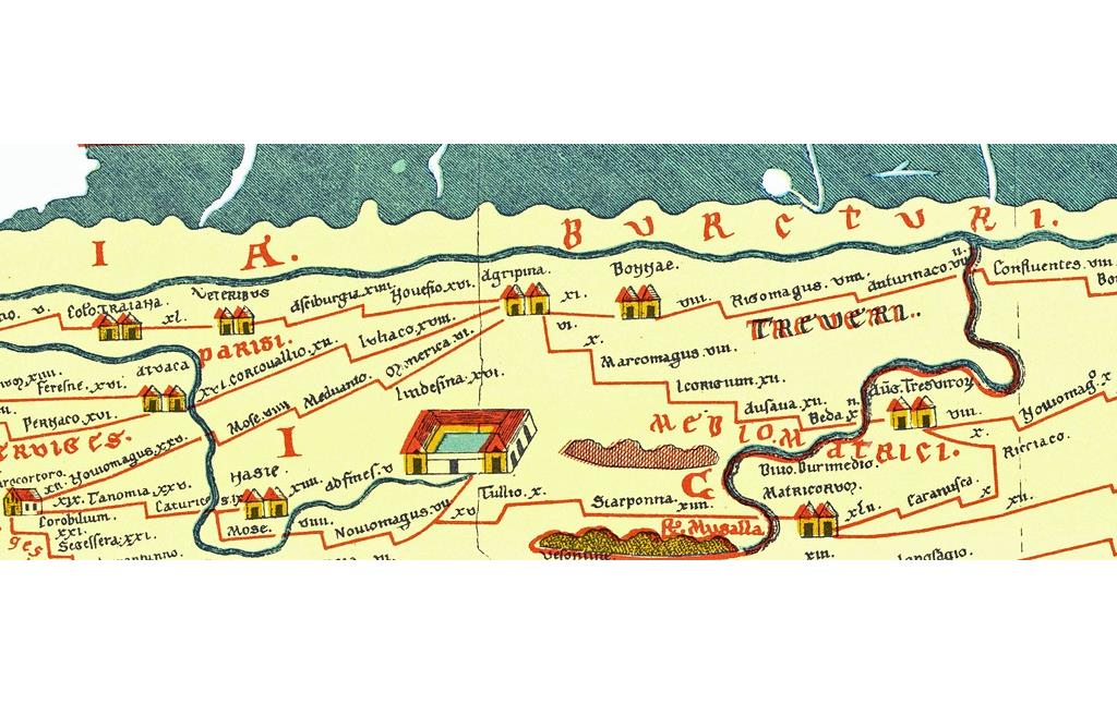 Ausschnitt aus der "Tabula Peutingeriana" mit dem Rheinland zwischen Maas, Mosel und Rhein.