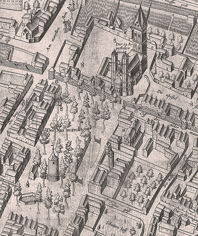 Ausschnitt des Kölner Stadtplans von 1570/71 von Arnold Mercator (1537-1587) im Bereich des Apostelnklosters und des Neumarkts.