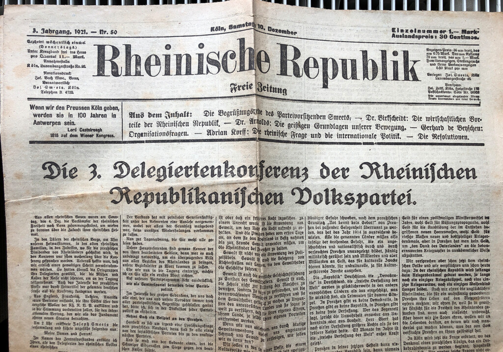 Rheinische Republik/Organ der Rheinisch Republikanischen Volkspartei, Ausgabe vom 10.12.1921 (Siebengebirgsmuseum/Heimatverein Siebengebirge, Königswinter)
