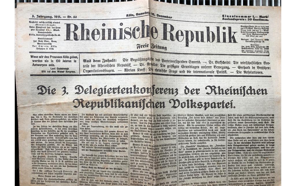 Rheinische Republik/Organ der Rheinisch Republikanischen Volkspartei, Ausgabe vom 10.12.1921 (Siebengebirgsmuseum/Heimatverein Siebengebirge, Königswinter)