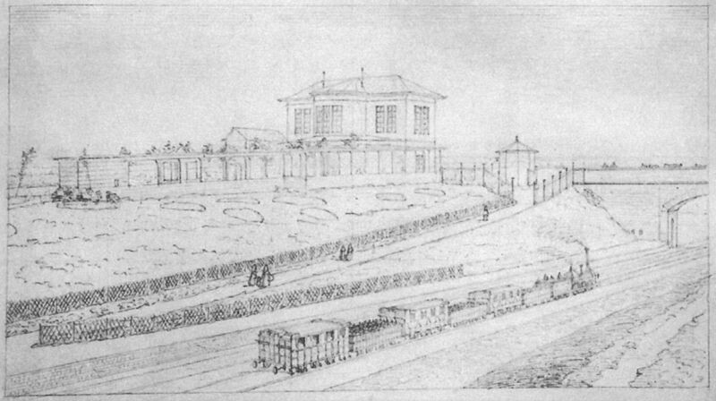 Zeichnung des Bahnhofs Belvedere in Köln-Müngersdorf (um 1845)