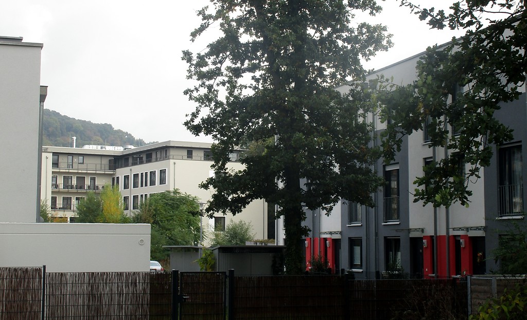 Ehemaliges Gelände der "Penaten Pharmazeutische Fabrik Dr. med. Riese & Co. GmbH" in Rhöndorf mit neuer Wohn- und Gewerbebebauung, rückwärtige Ansicht vom Mühlenweg aus (2016).