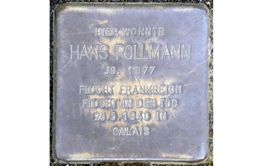 An der Köln-Marienburger Pferdmengesstraße 25 verlegter Stolperstein für den Kaufmann Hans Rollmann (1877-1940), Inhaber der Kölner Schuhfabrik Rollmann & Mayer (2015).