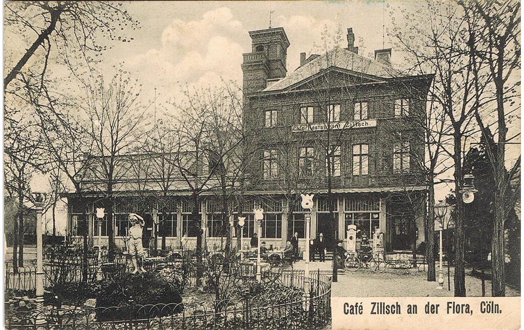 Historische Postkarte (um 1915): Ansicht der seit 1902 als "Café Zilisch" geführten Gastronomiebetriebs (zuvor "Café Maus") nahe des Zoologischen Gartens und des Botanischen Gartens "Flora" in Köln-Riehl.