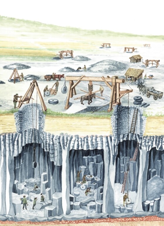 Darstellung eines spätmittelalterlichen bis frühneuzeitlichen Untertagebergwerks im Basaltlavaabbau vom 15. Jahrhundert bis um 1850