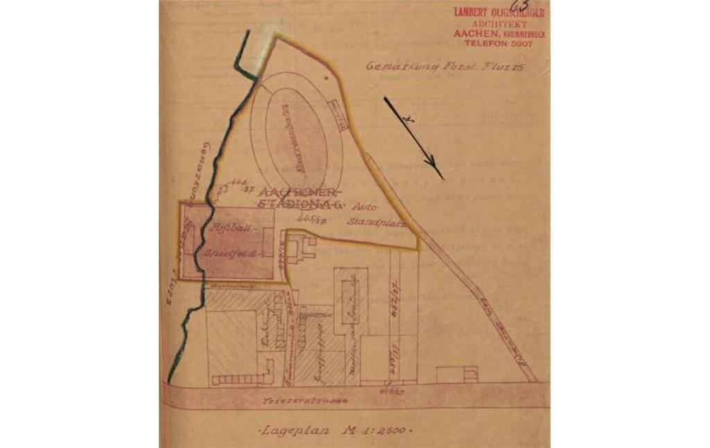 Ausschnitt eines Lageplans vom Gelände der Aachener Radrennbahn Krummerück von 1928. Die von dem Architekten Lambert Oligschläger im Maßstab 1:2.500 gezeichnete Karte ist nicht genordet und zeigt daher den südwestlichen Teil der Sportanlage oben im Bild.