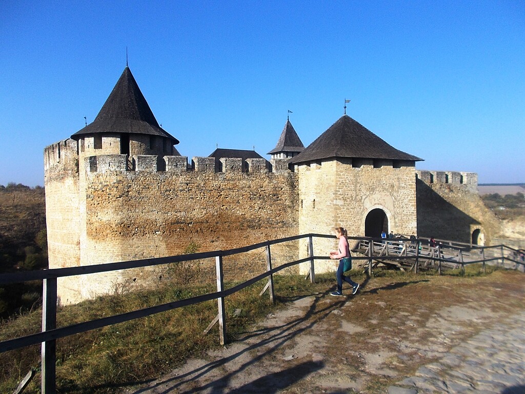 Castle defensive walls, Southwest (Blacksmith) tower and South (Entrance) tower of Khotyn Fortress.