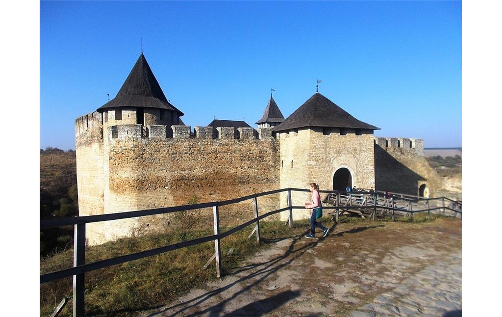 Castle defensive walls, Southwest (Blacksmith) tower and South (Entrance) tower of Khotyn Fortress.