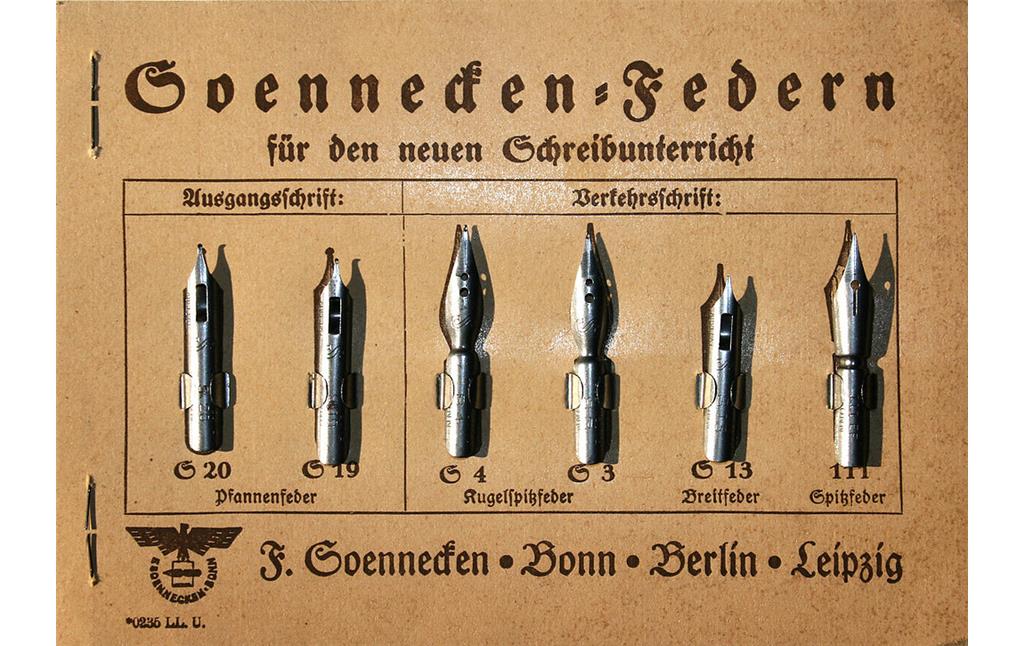 Eine Warenprobe Schreibfedern der Bonn-Poppelsdorfer Schreibwarenfirma Soennecken (1930er Jahre)