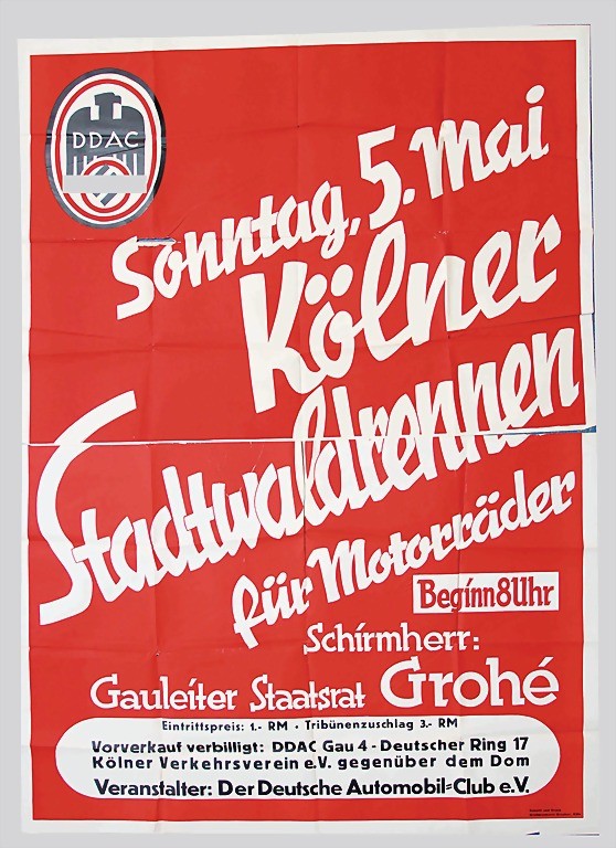 Zeitgenössisches Werbeplakat für das "Kölner Stadtwaldrennen" für Motorräder auf der Rennstrecke im Köln-Lindenthaler Stadtwald am 5. Mai 1935.