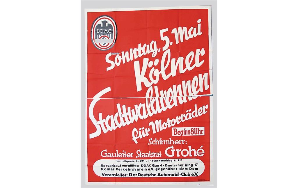 Zeitgenössisches Werbeplakat für das "Kölner Stadtwaldrennen" für Motorräder auf der Rennstrecke im Köln-Lindenthaler Stadtwald am 5. Mai 1935.