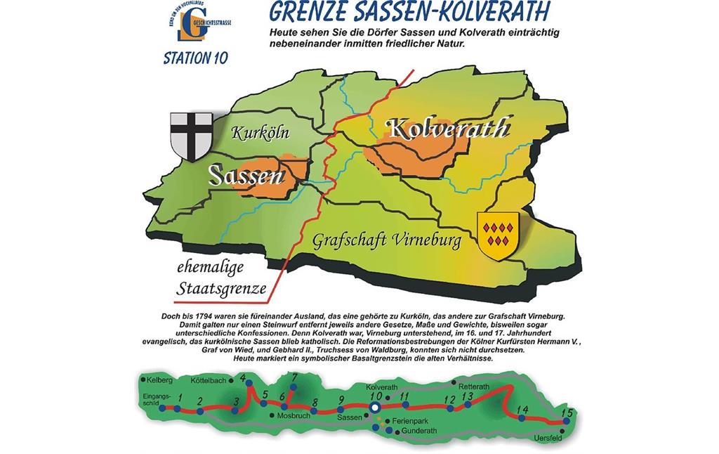 Informationstafel, Erster Abschnitt der Geschichtsstraße: Station 10 Grenze Sassen-Kolverath.