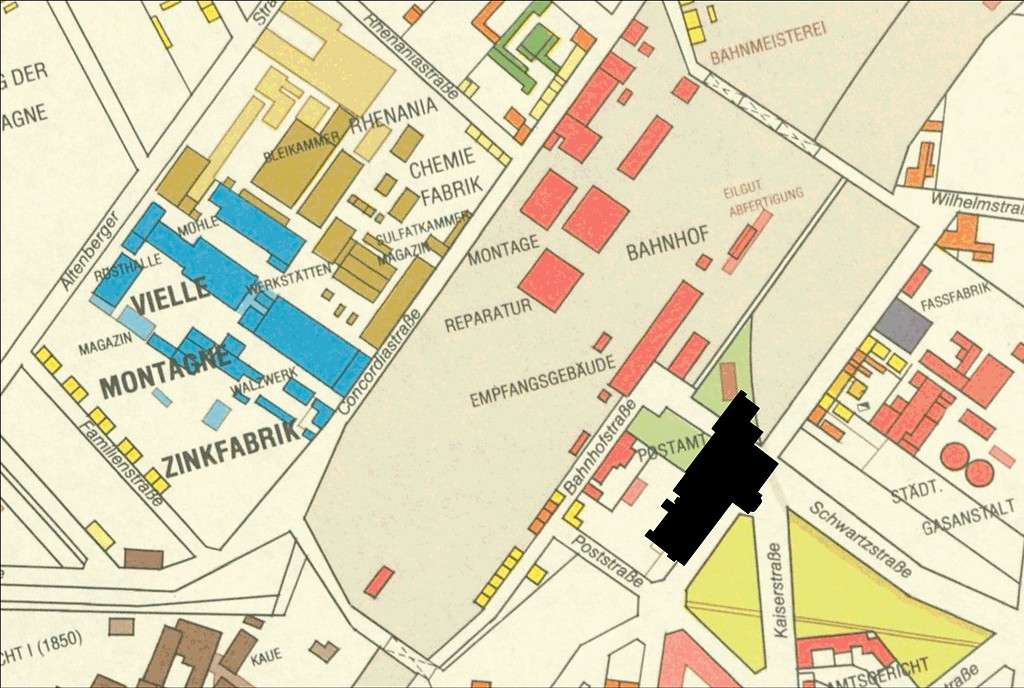 Die Lage des heutigen Empfangsgebäudes (schwarz) auf der Grundlage des Stadtplans Oberhausen von 1921.