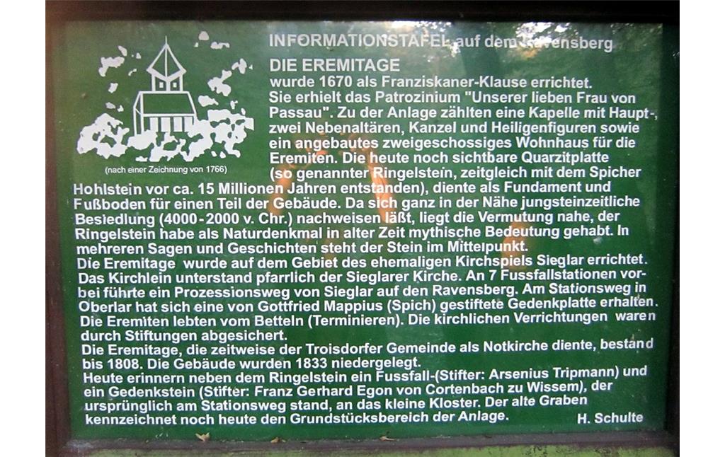 Einsiedelei / Eremitage auf dem Ravensberg, Hinweistafel mit Text von H. Schulte (2011).