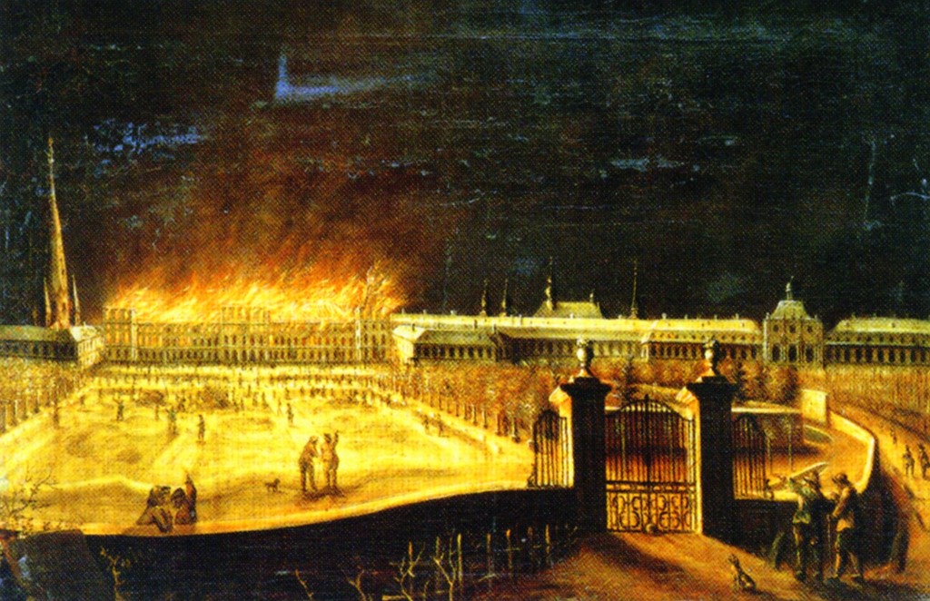 Der Brand der kurfürstlichen Residenz in Bonn im Jahr 1777 vom Hofgarten aus gesehen. Es lässt sich gut erkennen, dass dem Brand vor allem der Hauptkomplex des Schlosses zum Opfer fiel, während Buen-Retiro, Küchenflügel und Galerieflügel vom Feuer verschont blieben.