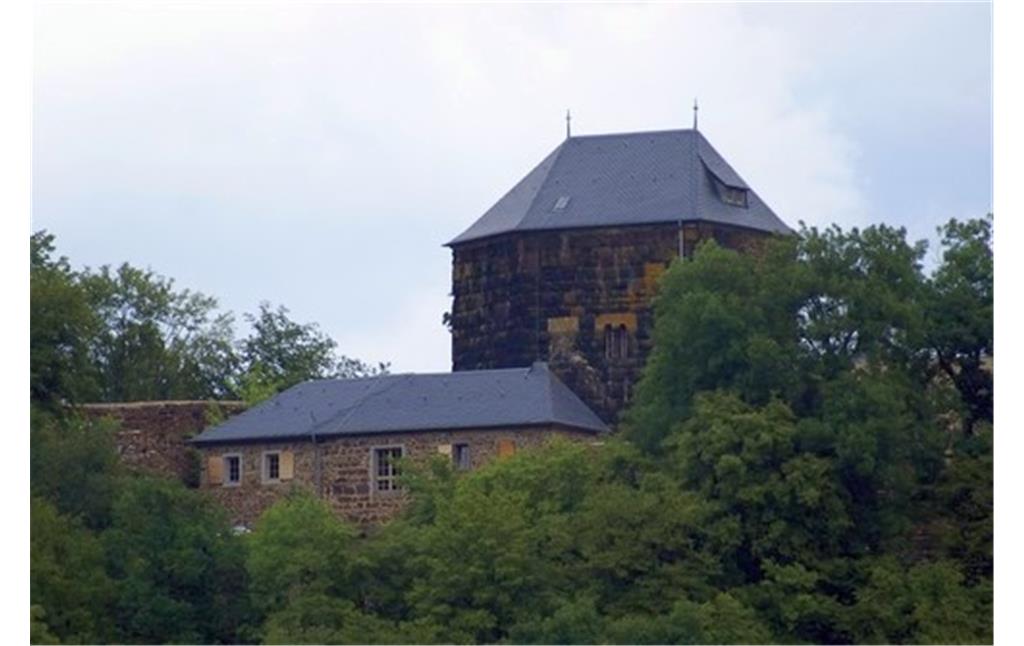 Burg Altenwied mit dem fünfeckigen Bergfried (2014)